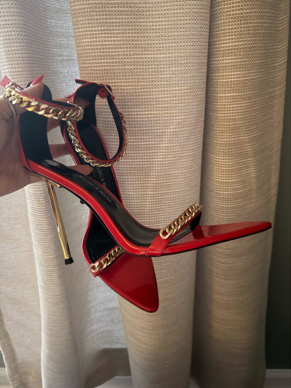 Jessica Red Patent Leather Heels with Gold Chain Detail - Picture 7 of 11